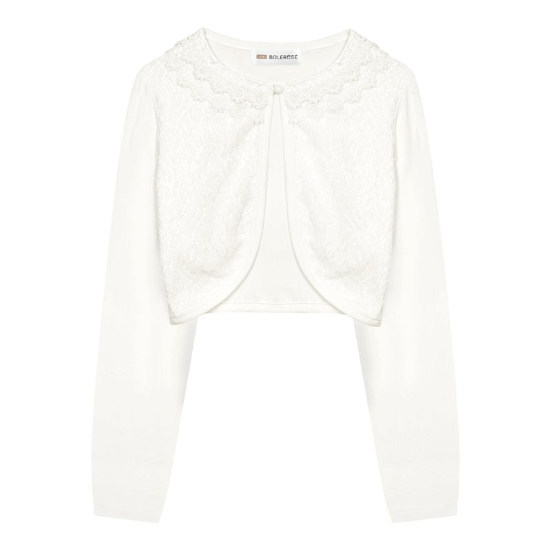 BOLEROSE Girls Long Sleeve Floral Lace Bolero Cardigan Kids Shrug Cover Up (Ivory, 5-6 YRS) - Image 1